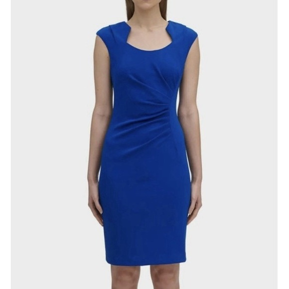 Calvin Klein Dresses & Skirts - Calvin Klein Blue‎ Side Ruched Horseshoe Neck Sleeveless Sheath Dress Size 8